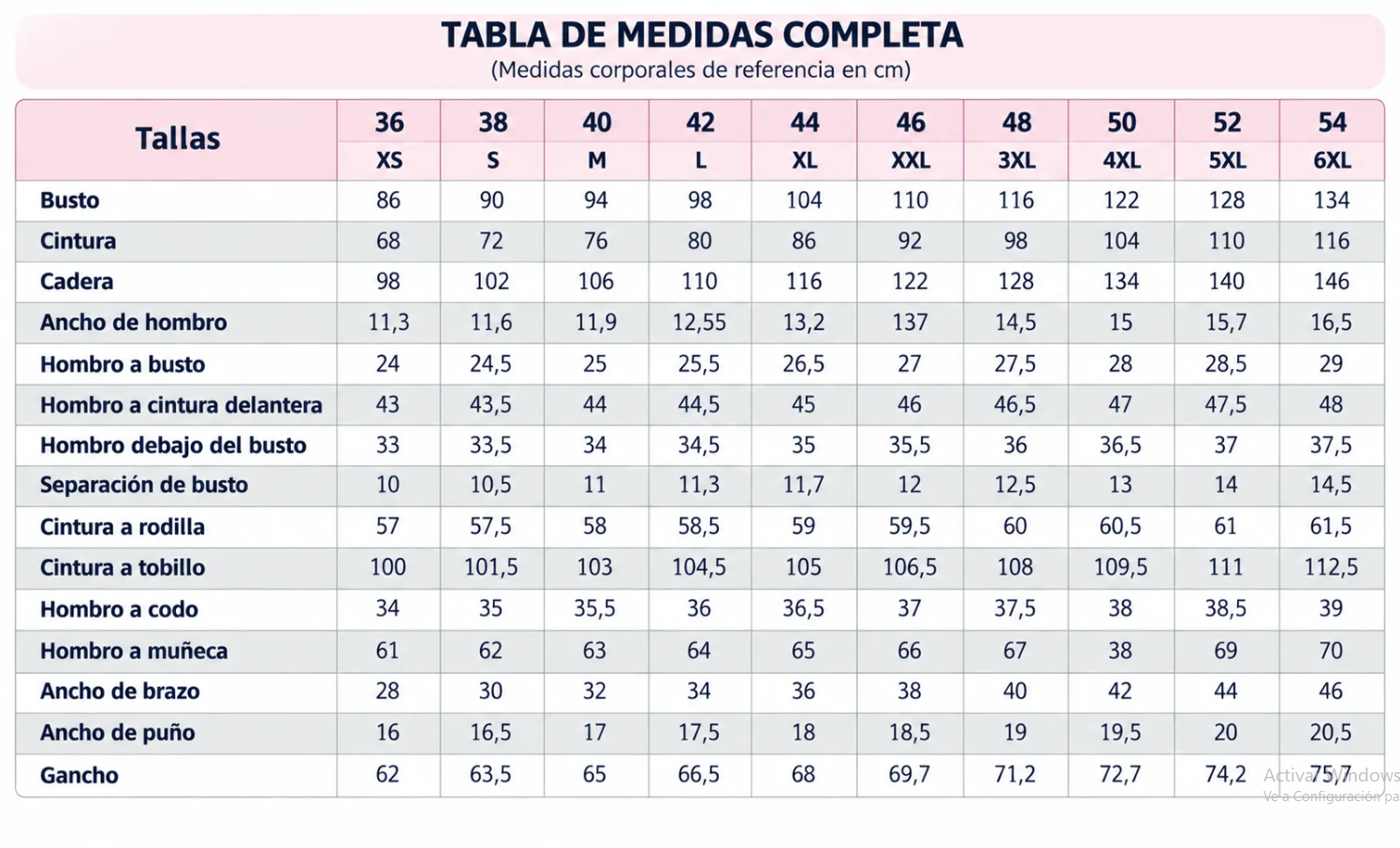 Tabla de medidas completa en español de la Blusa Raiza: tallas 36 a 54, equivalencias XS a 6XL y medidas corporales en centímetros
